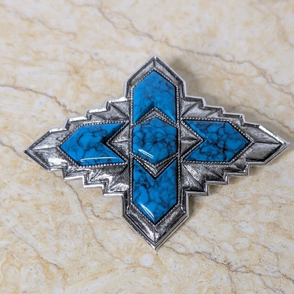 Vintage Sarah Coventry Southwestern Turquoise Silver Tone Inca Brooch Pin